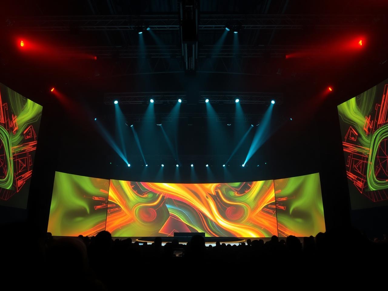 Large LED stage with dramatic lighting at a live conference