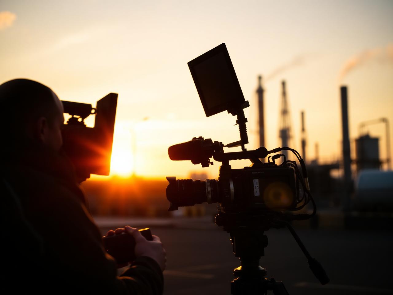 Film crew with a cinema camera on location at an industrial site