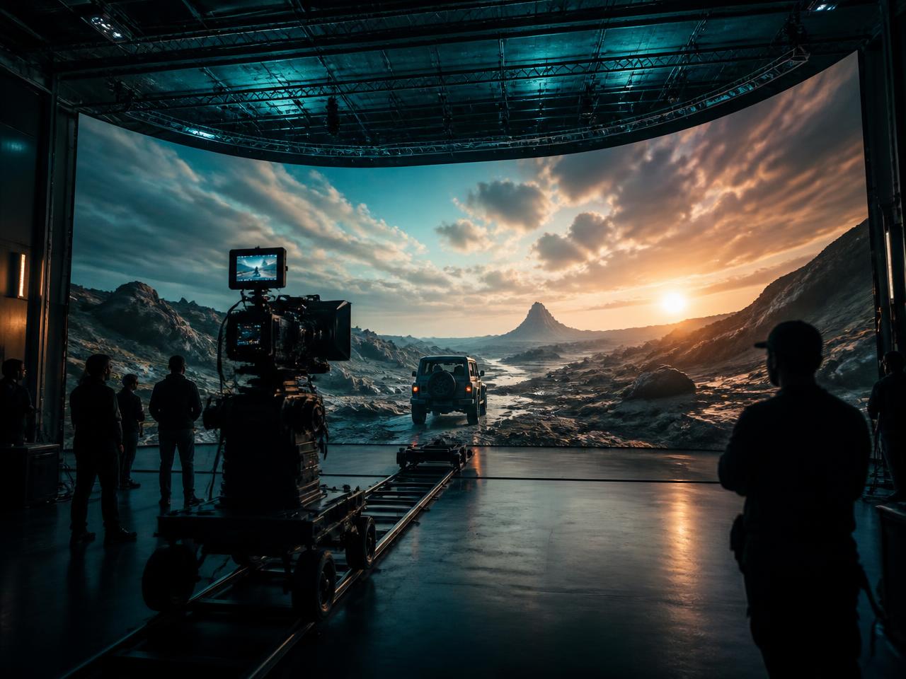 Cinema camera on a dolly in front of a curved LED wall displaying a photoreal landscape