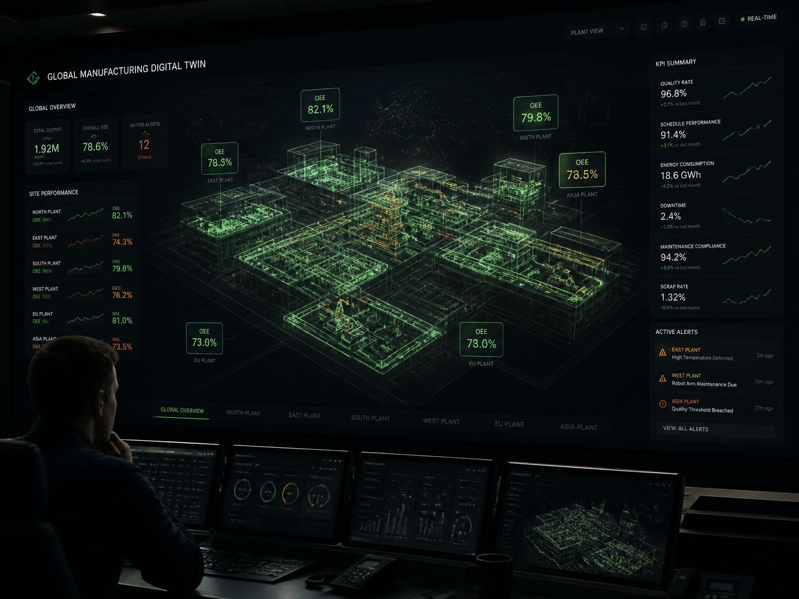 Operations dashboard showing a 3D digital twin of a multi-site manufacturing network with live performance data