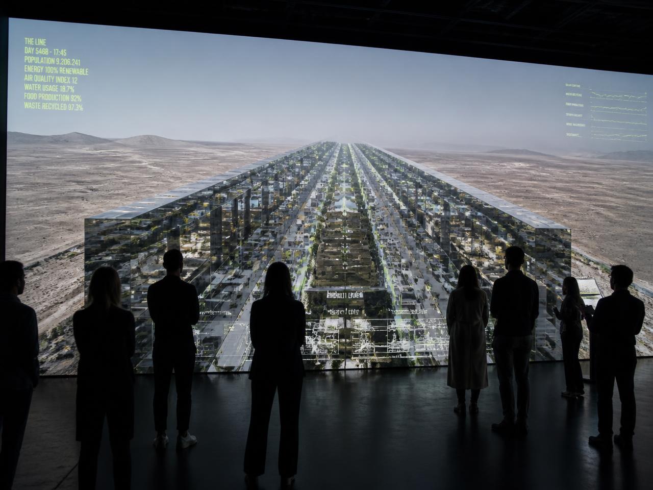 Visitors silhouetted before a vast real-time rendering of a linear desert city at an architecture exhibition
