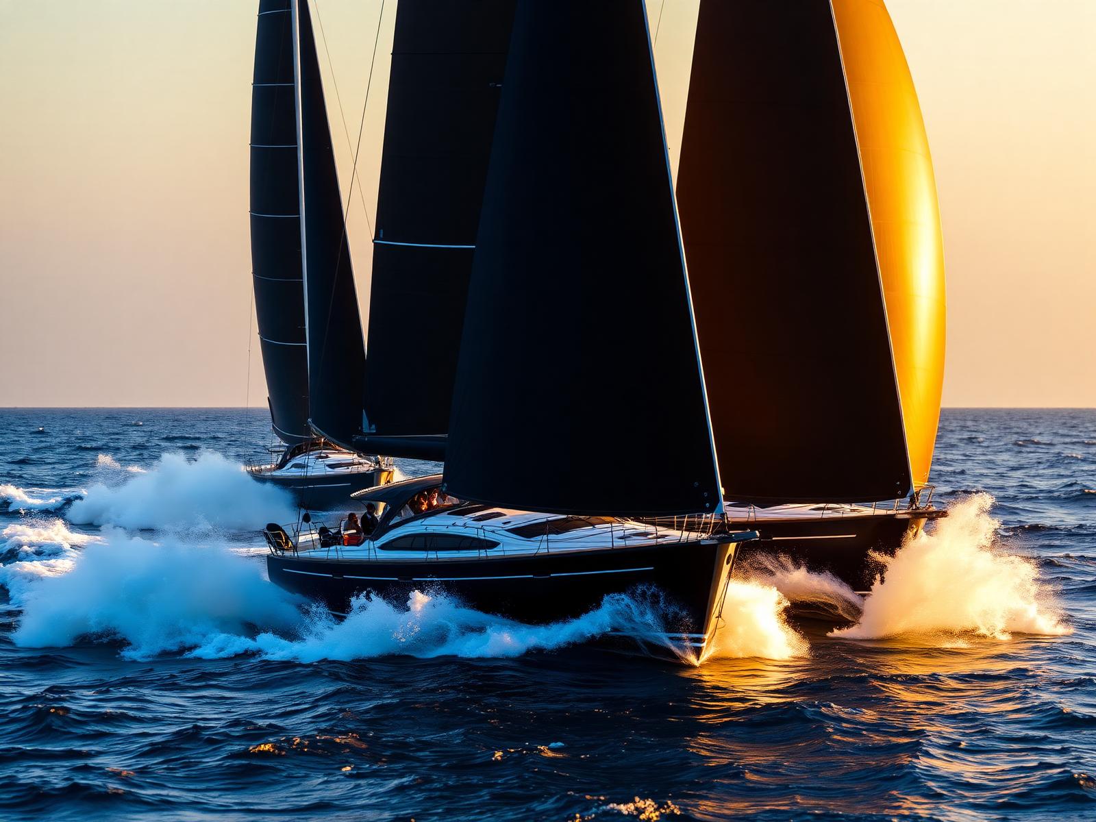 Racing yachts with dark sails heeling through the Arabian Sea at golden hour