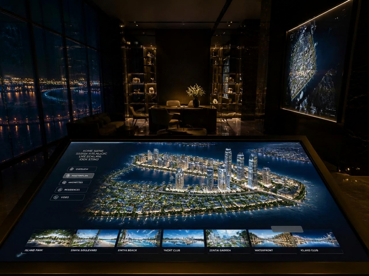 Interactive touchscreen table showing a real-time 3D masterplan inside a dark luxury sales gallery
